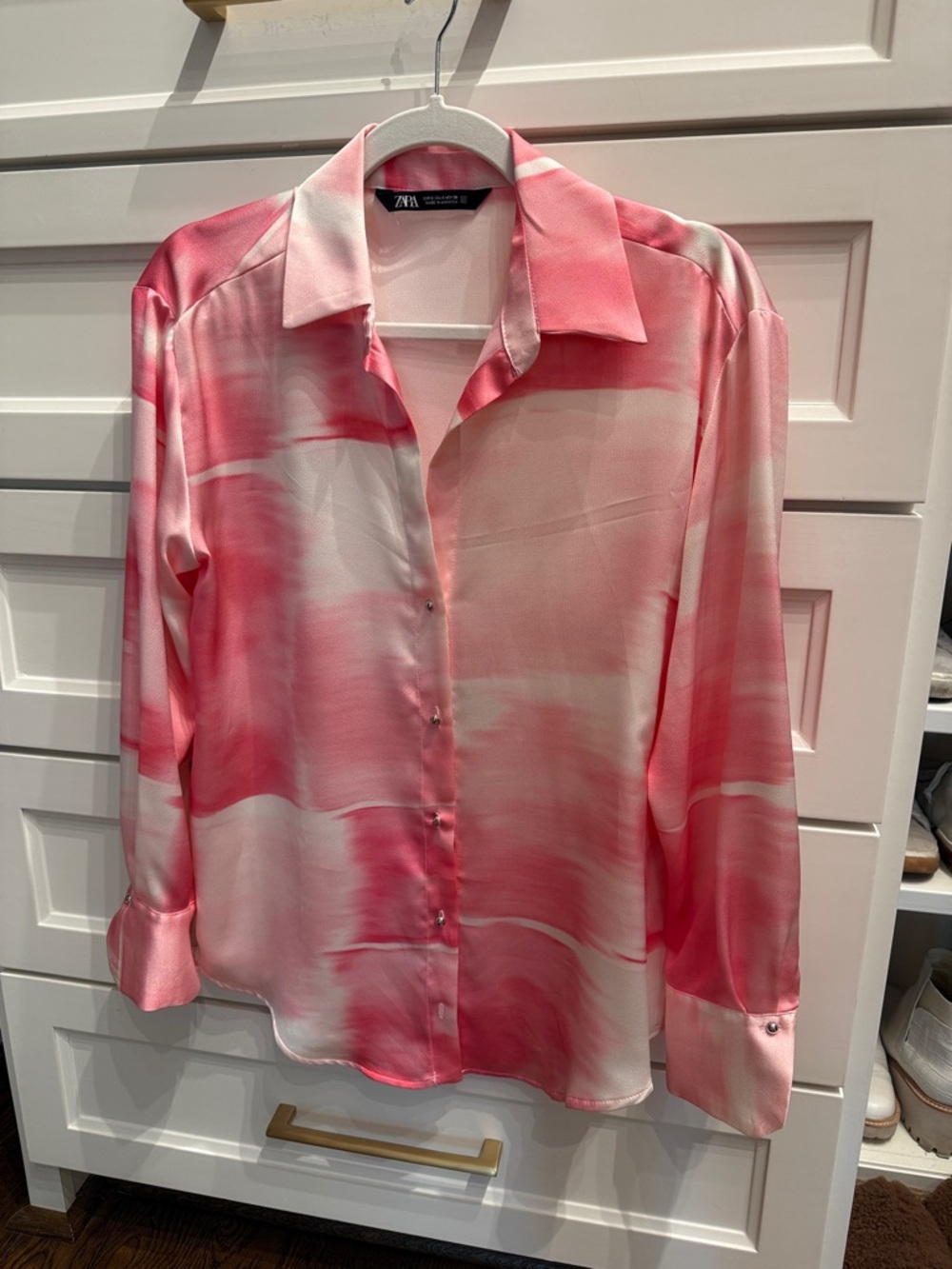 Zara Pink and White Satin Watercolor Button-Down Shirt
